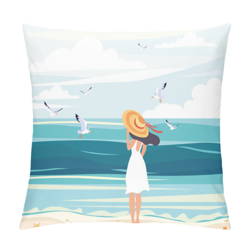 Personality  Woman In A Straw Sunhat At The Seaside Pillow Covers