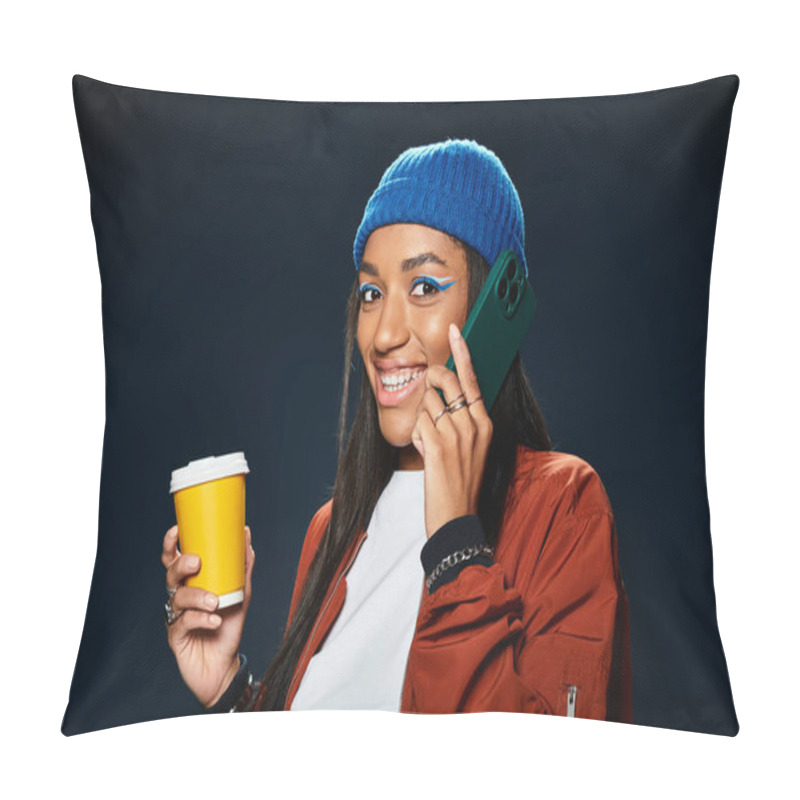 Personality  Dressed In Stylish Autumn Attire, She Smiles Brightly While Sipping Her Drink And Chatting. Pillow Covers