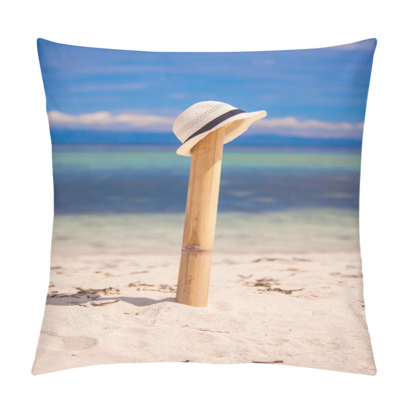 Personality  Straw Hat At Wooden Fence On The White Sandy Beach With An Ocean View Pillow Covers