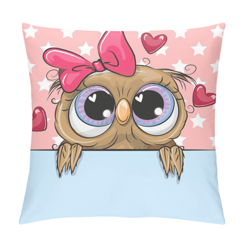 Personality  Greeting Card Cute Cartoon Owl Girl Is Holding A Placard On A Stars Background Pillow Covers