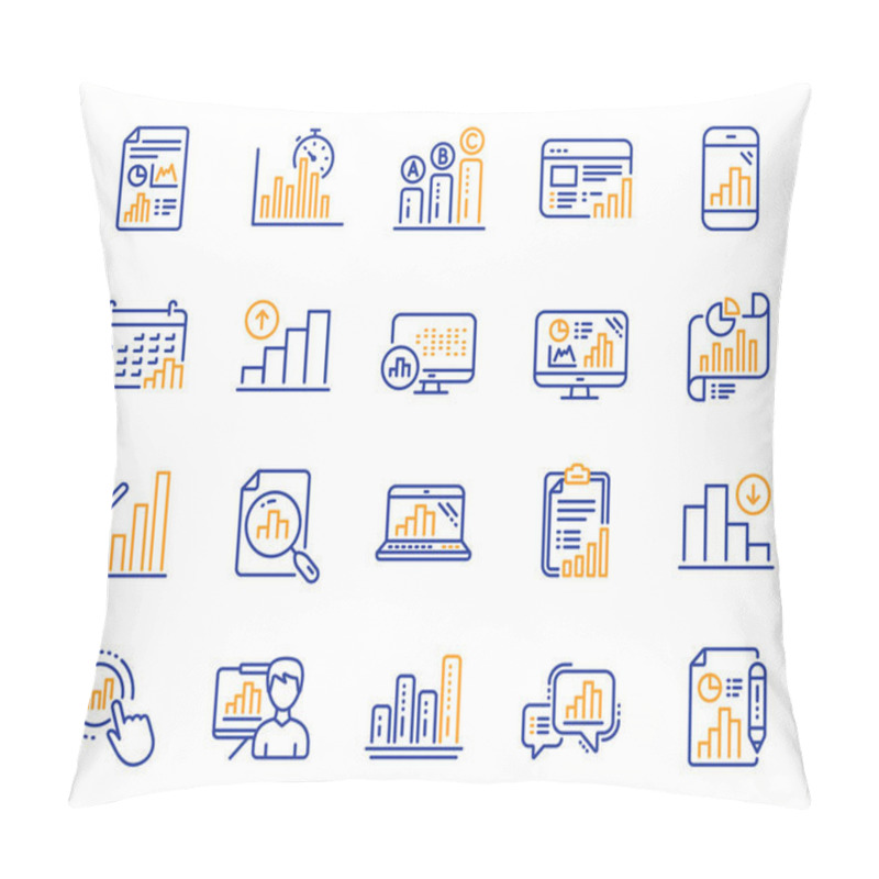 Personality  Graph Line Icons. Set Of Chart Presentation, Report, Increase Growth Graph Icons. Analytics Testing, Falling Demand, Pie Chart Report. Calendar Statistics, Stats. Ab Testing, Increase Sales. Vector Pillow Covers