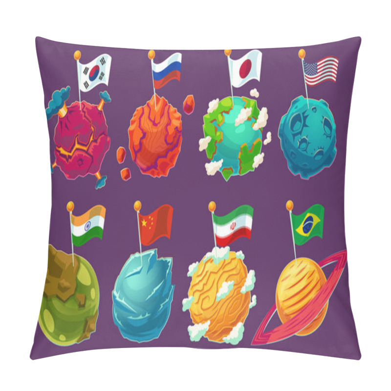 Personality  Set Of Vector Cartoon Illustrations Fantasy Alien Planets With Fluttering Flags On Them Pillow Covers