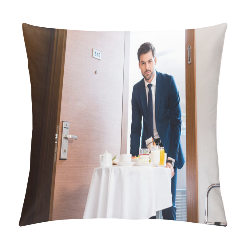 Personality  Selective Focus Of Handsome Receptionist Bringing Breakfast On Food Trolley  Pillow Covers