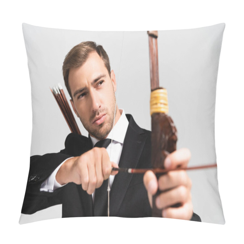 Personality  Selective Focus Of Handsome Businessman In Suit Holding Bow And Shooting With Arrow Isolated On Grey Pillow Covers