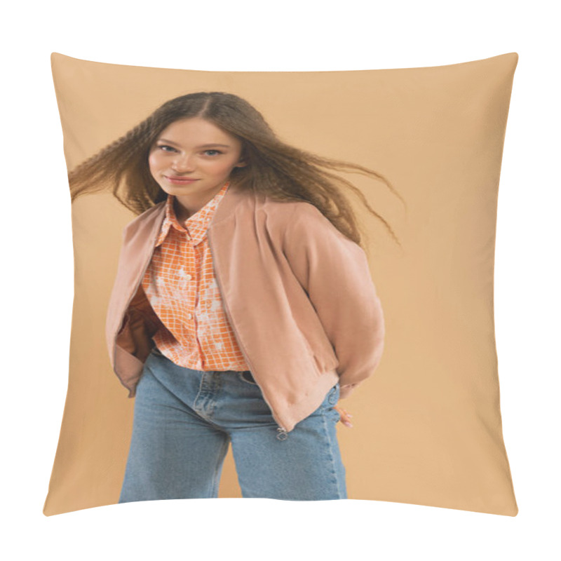 Personality  Pretty Teenage Girl In Autumnal And Casual Clothes Posing Isolated On Beige Pillow Covers