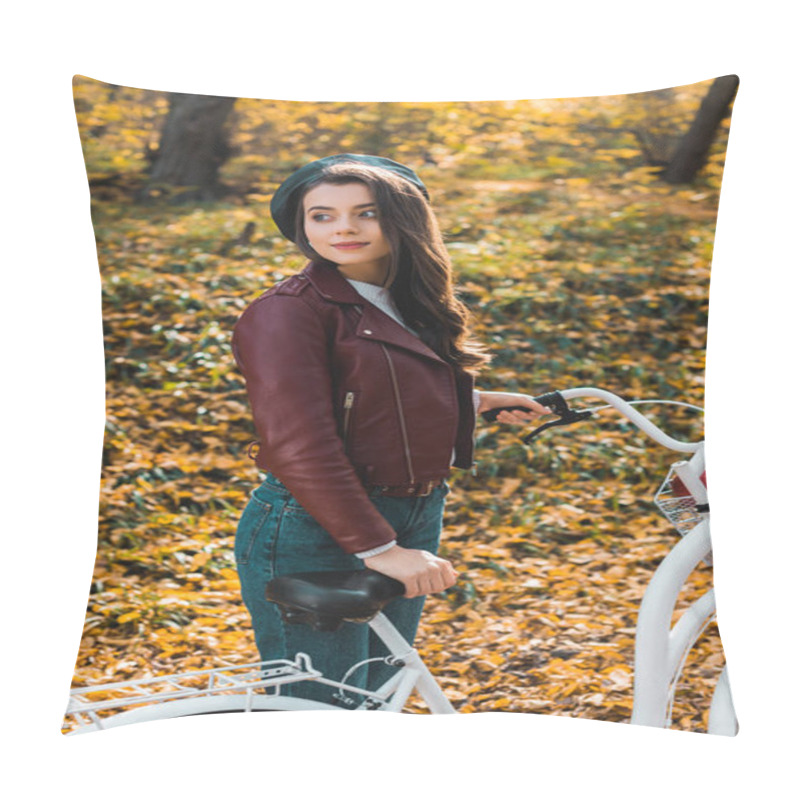 Personality  Beautiful Stylish Girl In Beret And Leather Jacket Looking Away Near Bicycle Outdoors  Pillow Covers