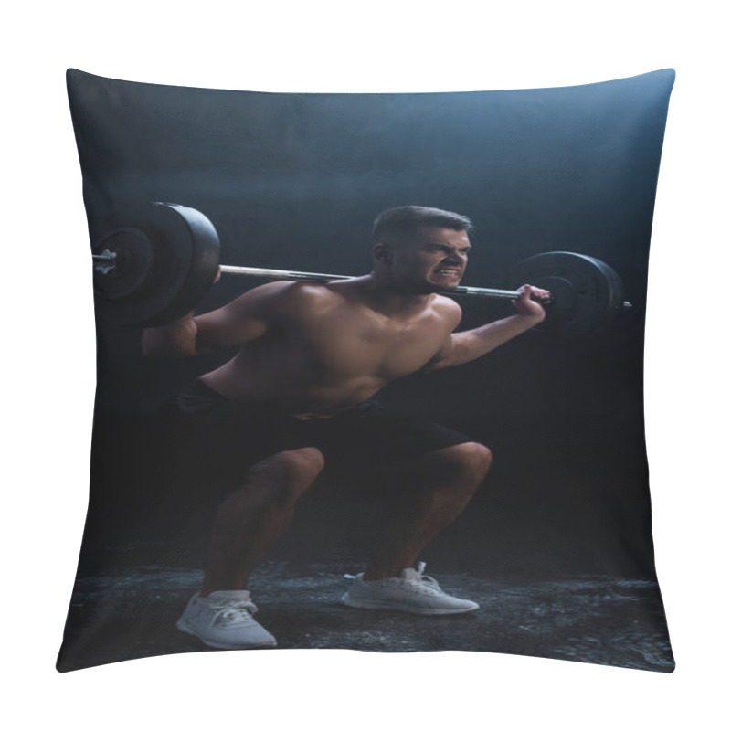 Personality  Tense Sexy Muscular Bodybuilder With Bare Torso Squatting With Barbell On Black Background Pillow Covers