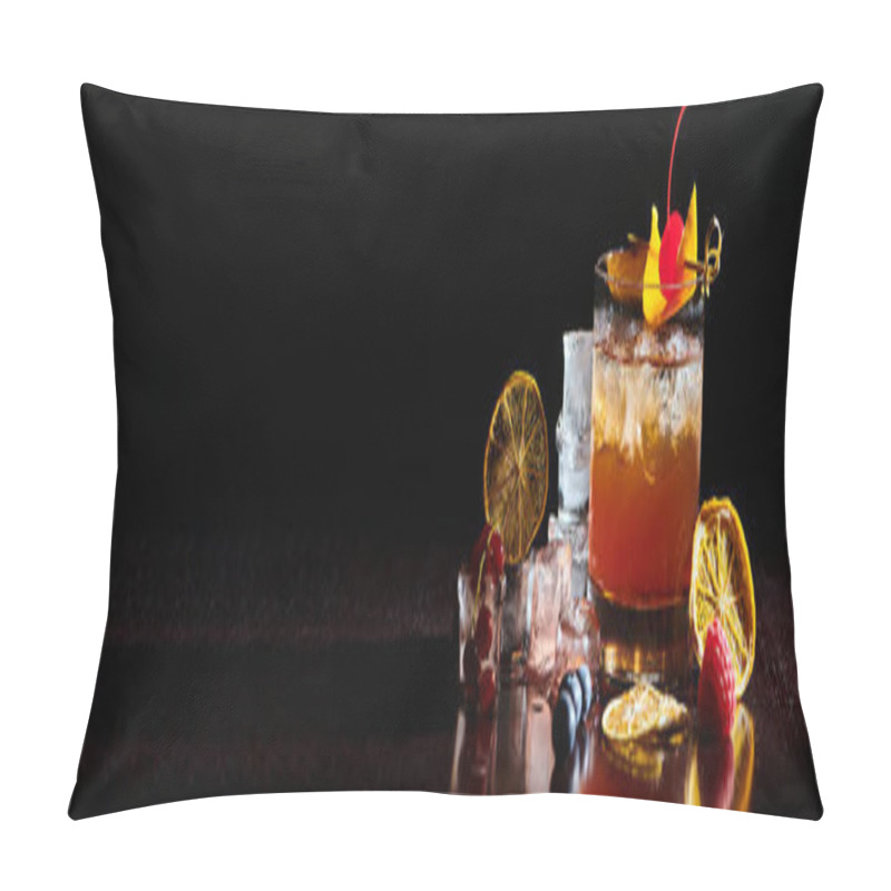 Personality  Delicious Refreshing Negroni With Fresh Decorations On Black Background, Concept Pillow Covers