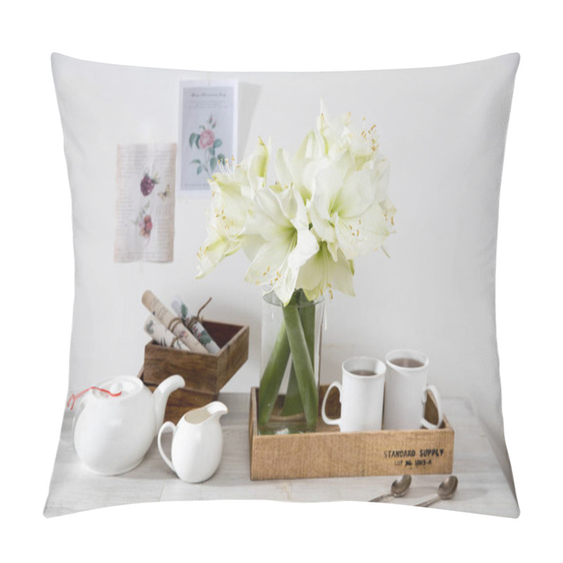 Personality  Moscow, Russia - 25 December 2020, A Bouquet Of White Lily In A Glass Vase On A Table With Two Tall Cups Of Coffee, A Teapot, Spoons, And A Milk Jug. Copy Space Pillow Covers