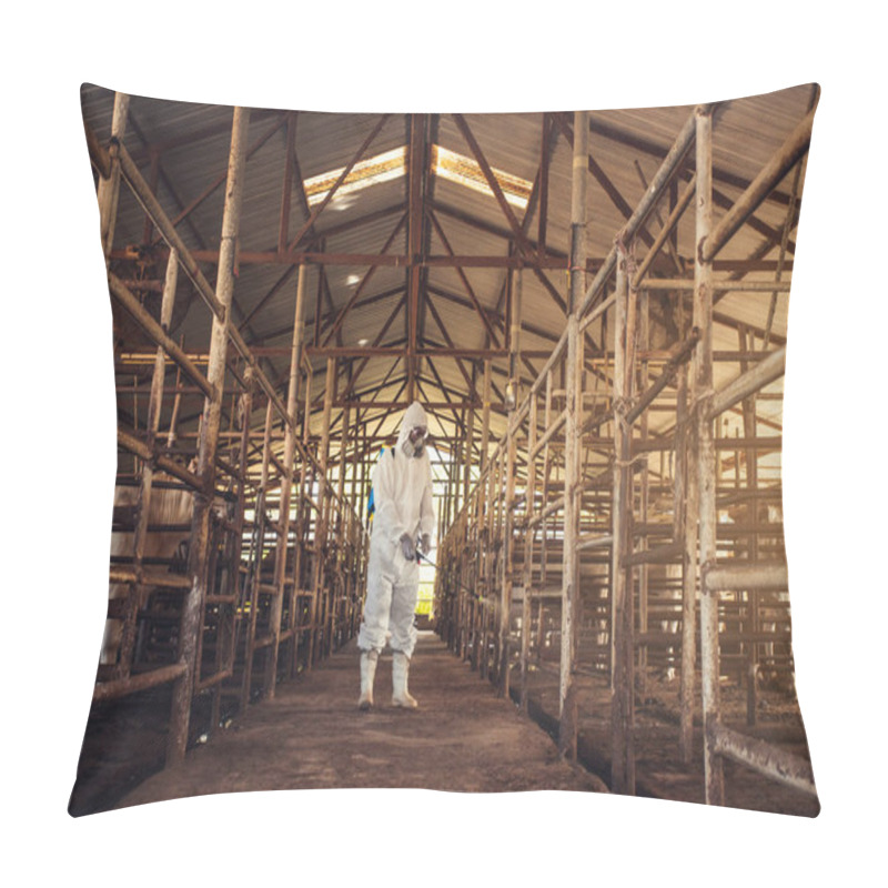 Personality  People Wearing Personal Protective Equipment Or PPE With Spraying Disinfectant For Protection Pandemic Of Disease In Cattle Farm. Agriculture Cattle Farm Industry. Pillow Covers