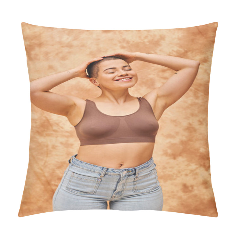 Personality  Body Acceptance, Curvy And Cheerful Woman In Crop Top Posing On Mottled Beige Background, Smiling With Closed Eyes, Representation Of Body, Different Shapes, Generation Z, Youth, Tattooed   Pillow Covers