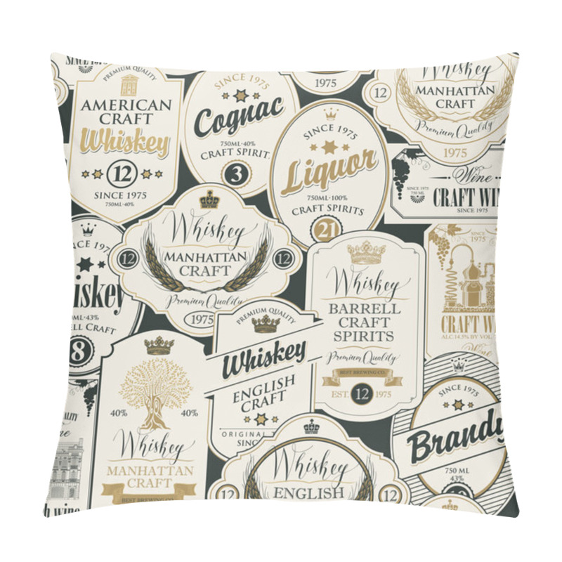 Personality  Vector Seamless Pattern With Collage Of Labels For Various Alcoholic Beverages In Retro Style With Inscriptions Of Whiskey, Liquor, Cognac, Wine, Brandy. Pillow Covers