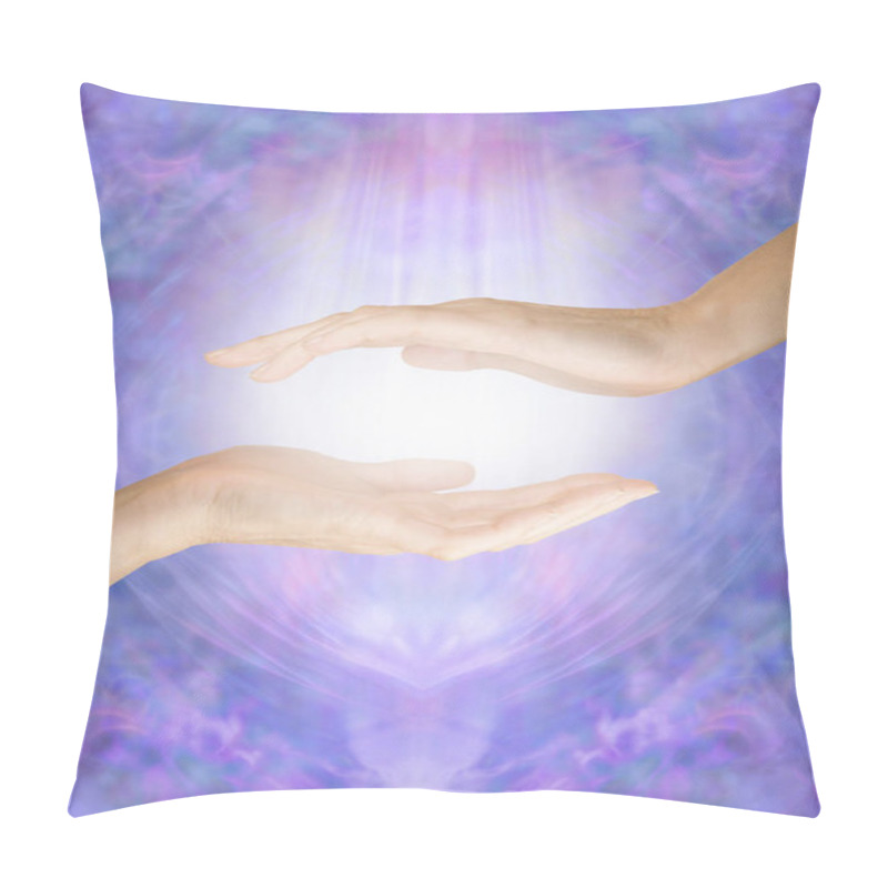 Personality  Sensing The Energy Coming From Palm Chakra - Open Hand Hovering Over Another Open Hand With White Light Between Against An Ethereal Blue Lilac Energy Field Background With Space For Text Pillow Covers