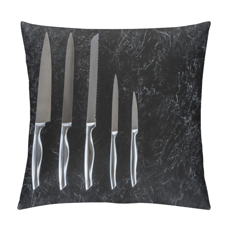 Personality  Top View Of Different Kitchen Knives Arranged On Black Marble Surface With Copy Space  Pillow Covers