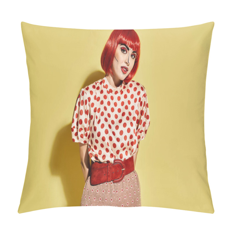 Personality  A Pretty Redhead Woman In A Polka Dot Shirt With Creative Pop Art Makeup, Reminiscent Of A Character From Comics. Pillow Covers