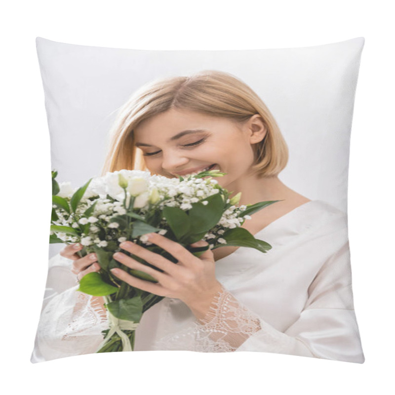 Personality  White Flowers, Happiness, Cheerful Bride With Blonde Hair Standing In White Silk Robe And Smelling Bridal Bouquet, Young Woman, Beautiful, Excitement, Feminine, Blissful, Portrait, Grey Background Pillow Covers