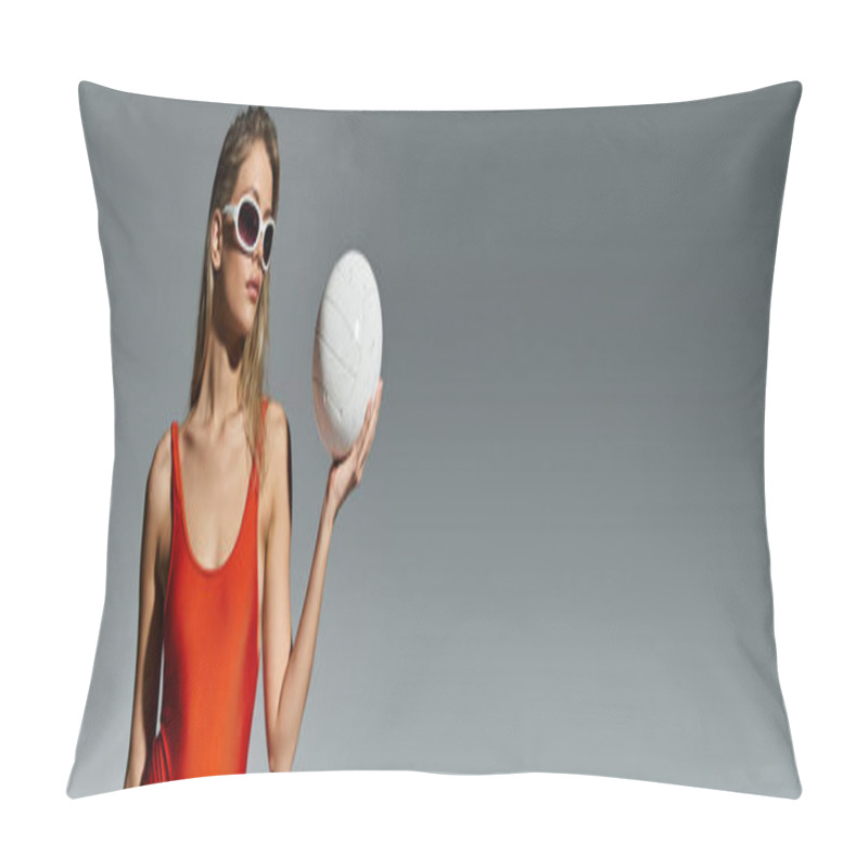 Personality  Blonde Woman In Trendy Orange Swimsuit Playing With White Ball. Pillow Covers