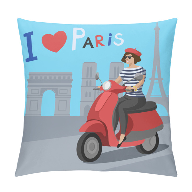 Personality  Woman Riding Scooter In Paris Street. Vector Illustration Pillow Covers