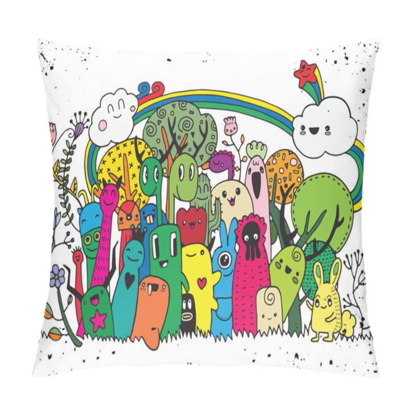 Personality  Hipster Hand Drawn Crazy Doodle Monster City,drawing Style.Vecto Pillow Covers