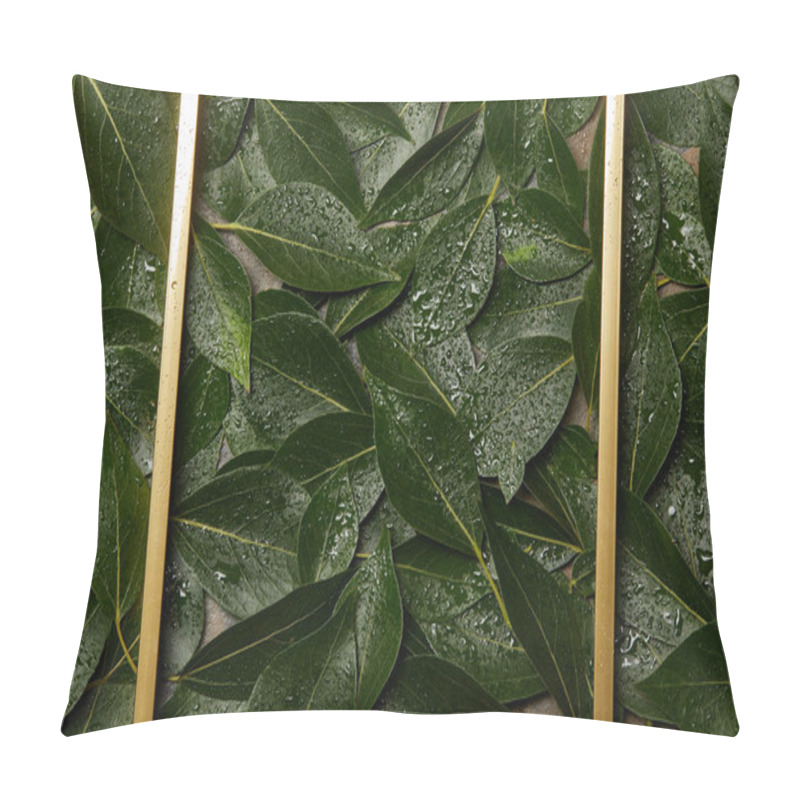 Personality  Empty Golden Frame On Green Wet Green Foliage Background With Copy Space Pillow Covers