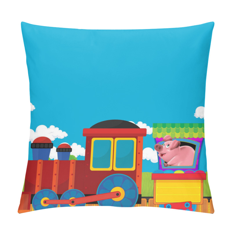 Personality  Cartoon Funny Looking Steam Train Going Through The Meadow - Illustration For Children Pillow Covers