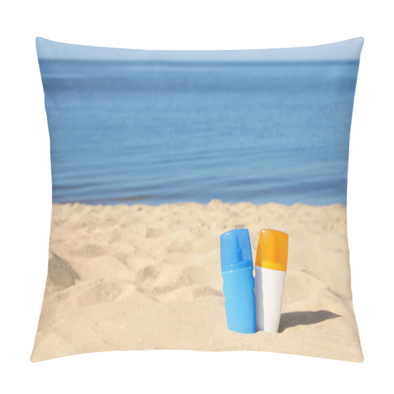 Personality  Bottles Of Sunblock In Beach Sand Near Sea. Space For Text Pillow Covers