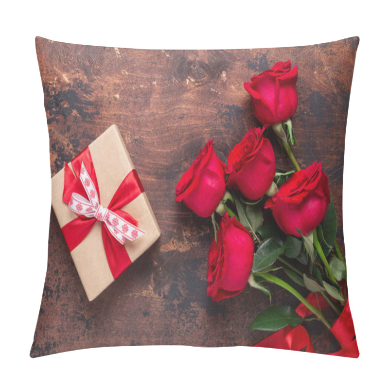 Personality  Red Roses And Gift Box On Wooden Background. Valentines Day Greeting Card Pillow Covers