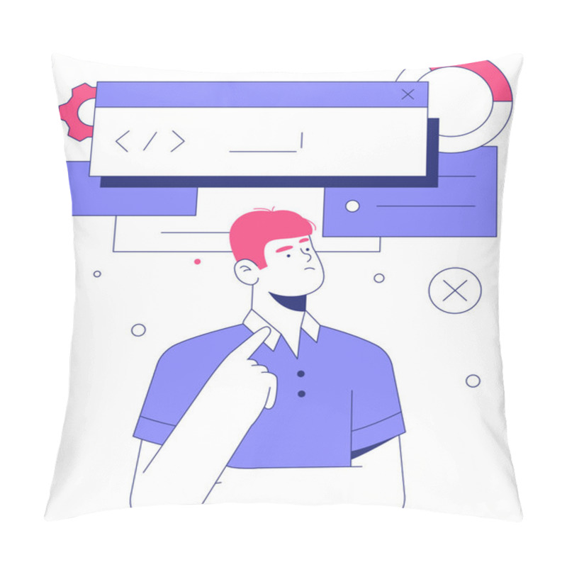 Personality  A Male Developer Standing With A Thoughtful Expression Surrounded By Coding Interfaces, Gears, And Tools, Symbolizing Programming And Software Development. Pillow Covers