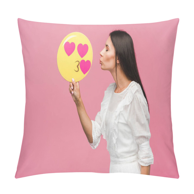 Personality  KYIV, UKRAINE - AUGUST 8, 2019: Side View Of Woman Holding Kissing Smiley Isolated On Pink  Pillow Covers