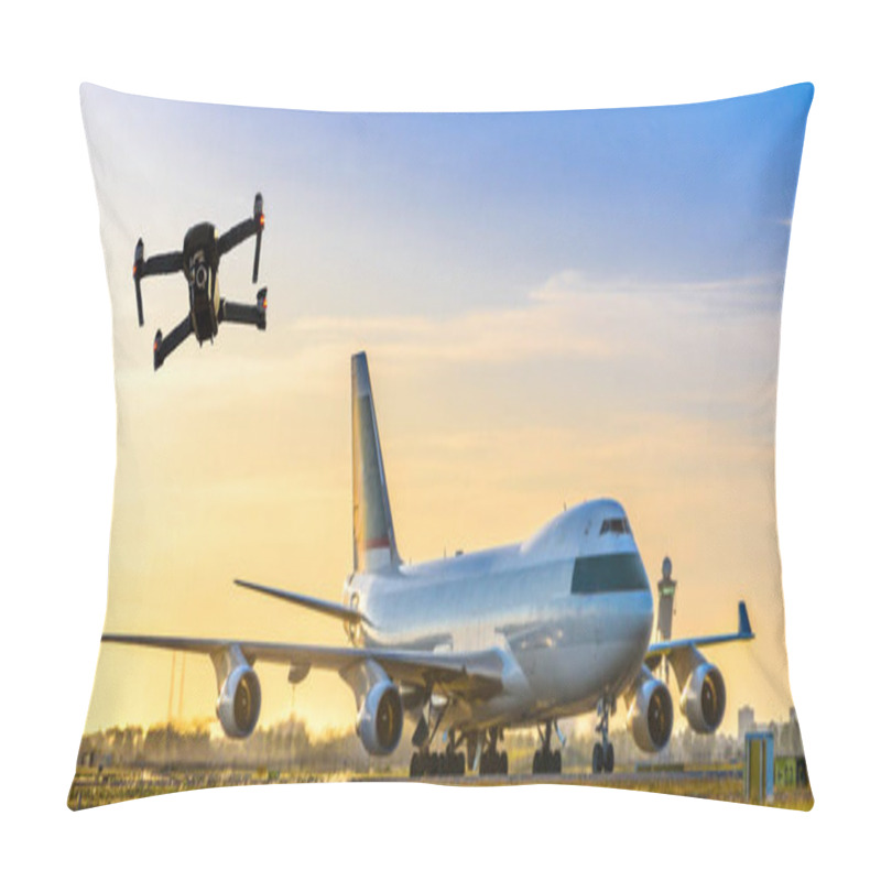 Personality  Unmanned Drone Flying Near Large Commercial Airplane At Airport - Flight Disruption Concept Pillow Covers