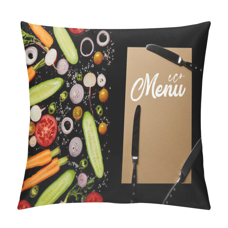 Personality  Top View Of Fresh Vegetable Slices With Salt Near Paper Card With Menu Illustration And Knives Isolated On Black  Pillow Covers