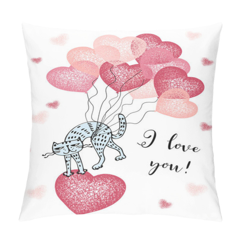 Personality  A Valentine's Day Card. Cute Cat Is Flying On Balloons With A Big Heart. Vector. Pillow Covers