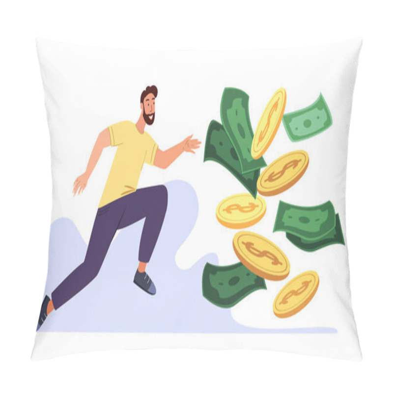 Personality  Greedy Man Chasing For Big Money.Cash Race Concept.Mercantile Competitor Striving For Richness And Wealth.Character Running To Hit Jackpot.Colored Flat Vector Illustration Isolated On White Background Pillow Covers