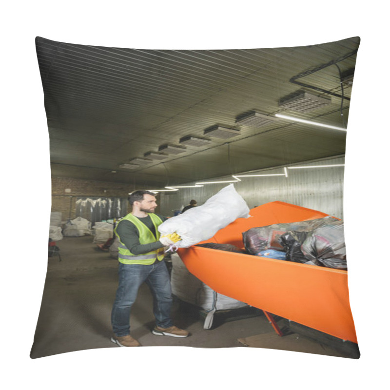 Personality  Side View Of Bearded Male Worker In Glove And Fluorescent Vest Putting Sack With Trash In Container In Blurred Waste Disposal Station, Garbage Sorting And Recycling Concept Pillow Covers