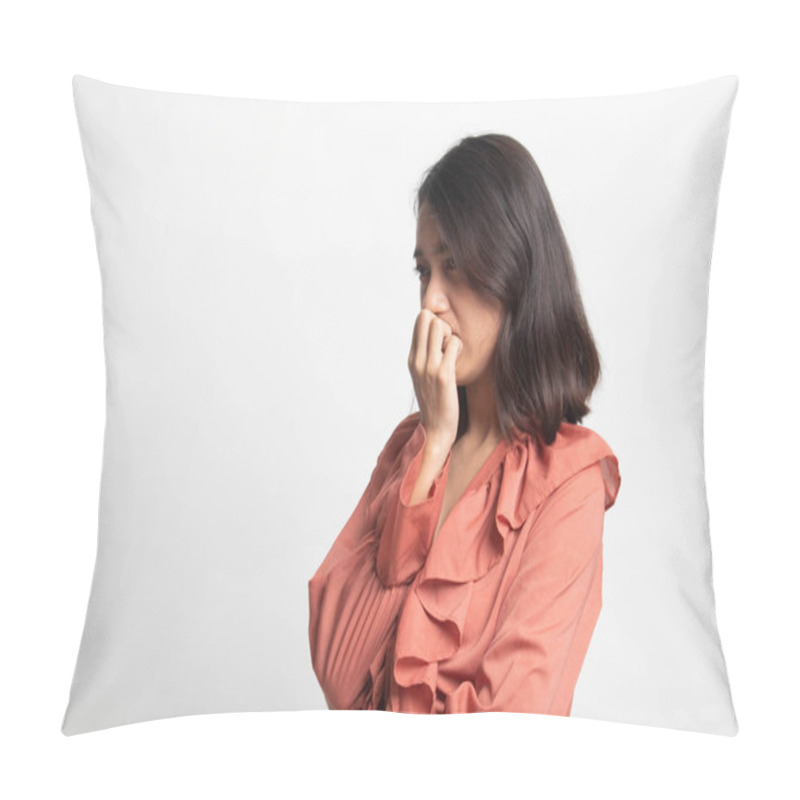 Personality  Unsure Hesitant Nervous Young Asian  Woman Biting Her Fingernails On White Background Pillow Covers