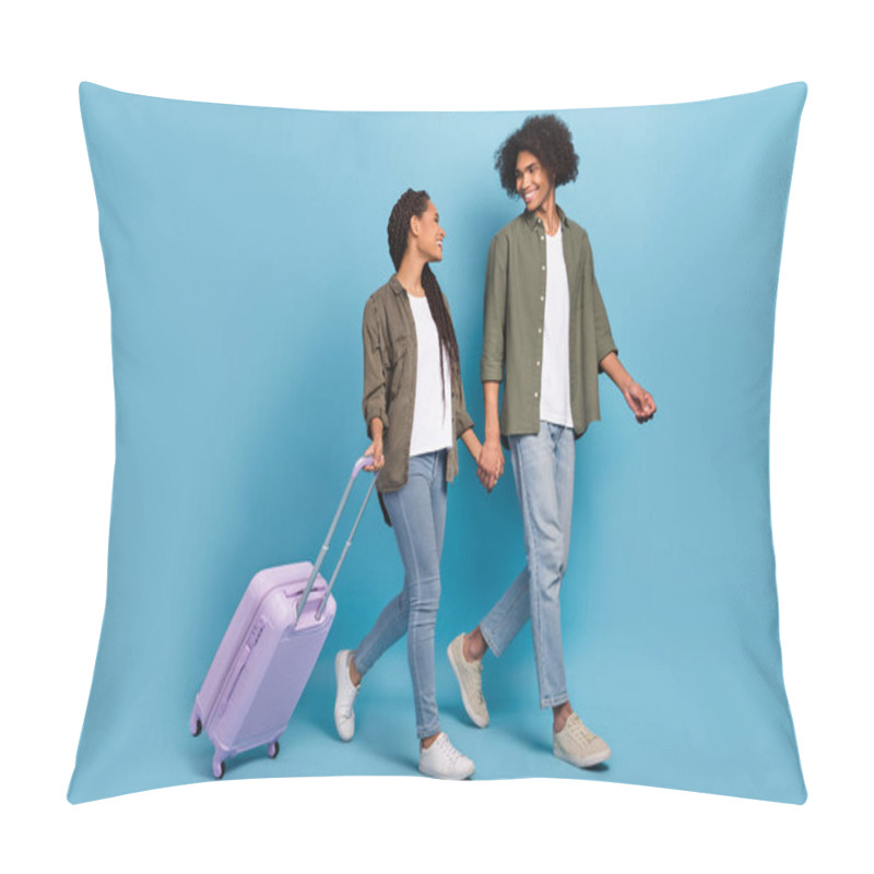 Personality  Photo Of Two Wife Husband Step Verification Low Cost Hold Bags Wear Shirt Jeans Isolated Blue Color Background Pillow Covers