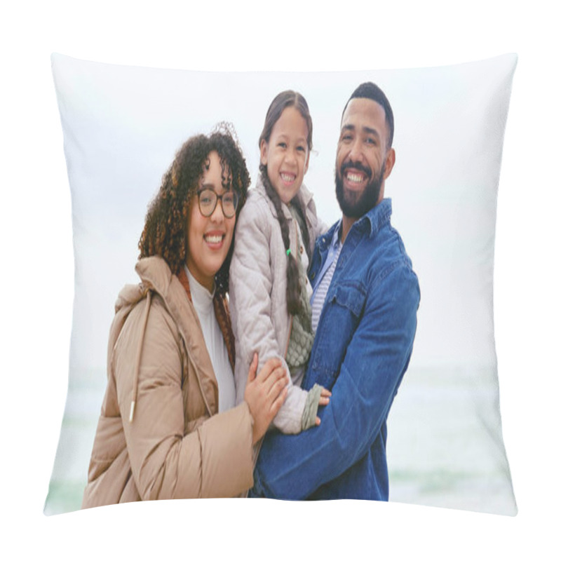 Personality  Happy Family, Portrait Or Relax By Beach, Nature Or Support Love To Care On Calm Holiday. Young Man, Woman And Child With Face For Bonding, Together And Vacation In Rio De Janeiro For Health Wellness. Pillow Covers