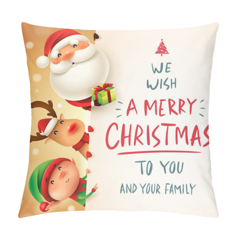 Personality  Santa Claus, Reindeer And Elf With Big Signboard. Merry Christmas Calligraphy Lettering Design. Creative Typography For Holiday Greeting. Pillow Covers