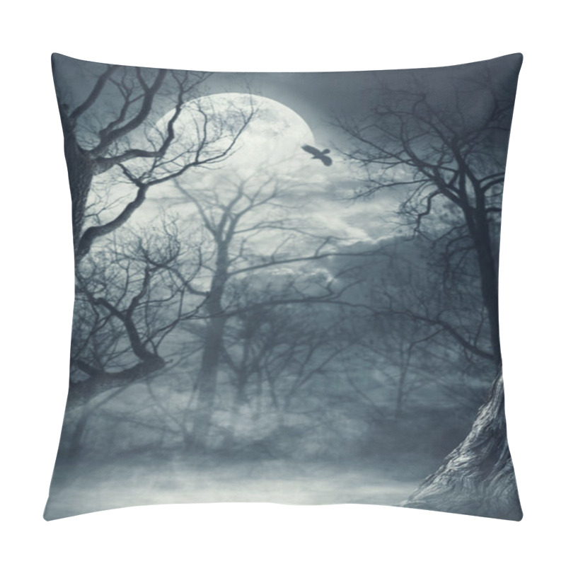 Personality  Dry Trees In The Misty Forest And Full Moon In The Sky At Night, Horror Background Pillow Covers