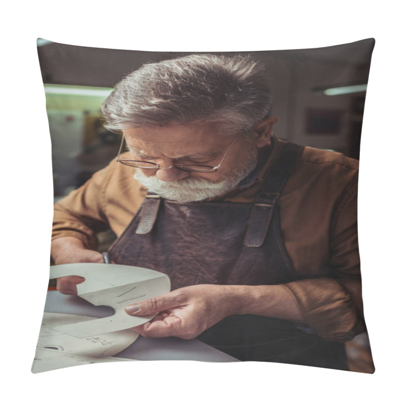 Personality  Attentive, Senior Shoemaker Cutting Out Template In Workshop Pillow Covers