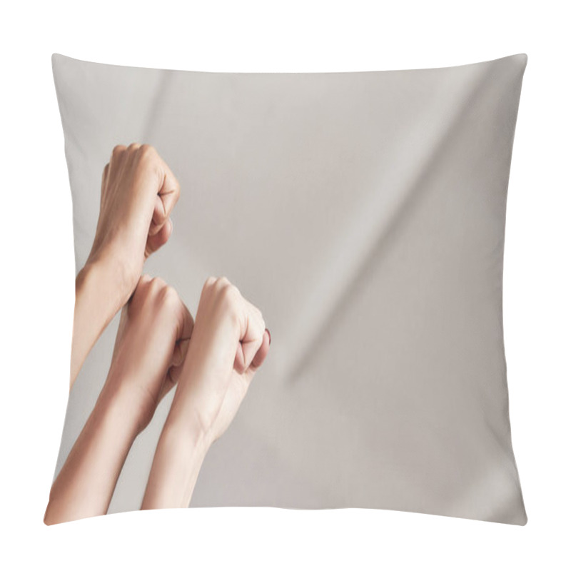 Personality  Close Up Of Three Raised Fists Of Diverse Women. Feminism, Equality And Women Liberation Concept Pillow Covers