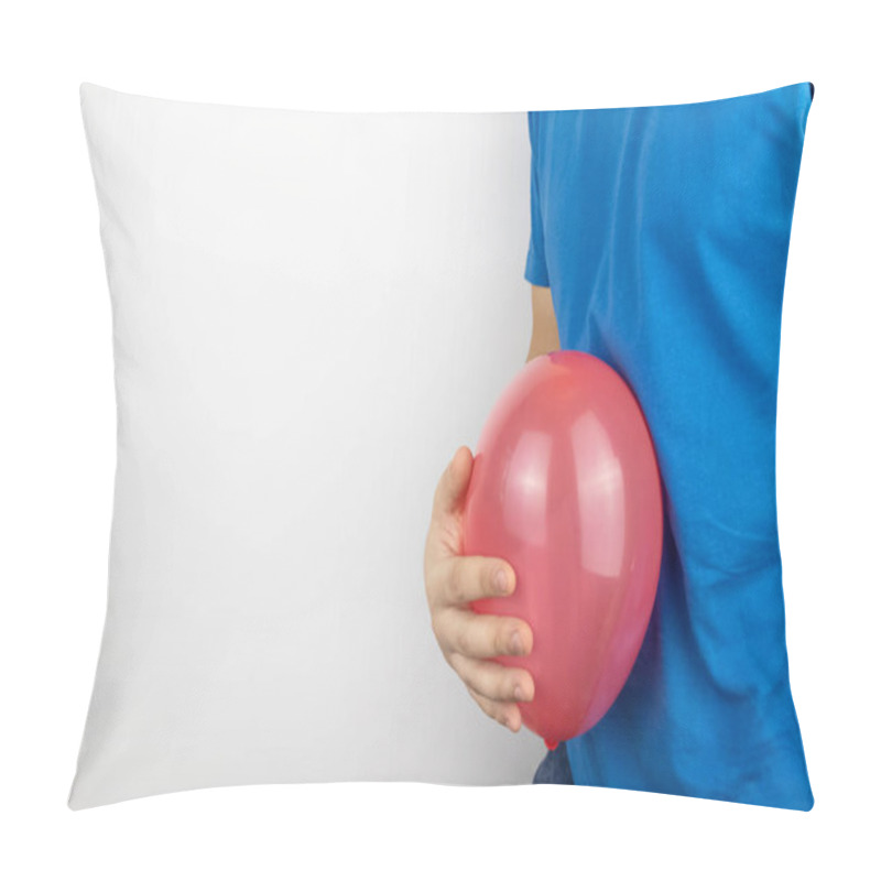 Personality  Bloating And Flatulence Concept. The Man Holds A Red Balloon Near The Abdomen, Which Symbolizes Gas Problems. Intestinal Tract And Digestive System Pillow Covers