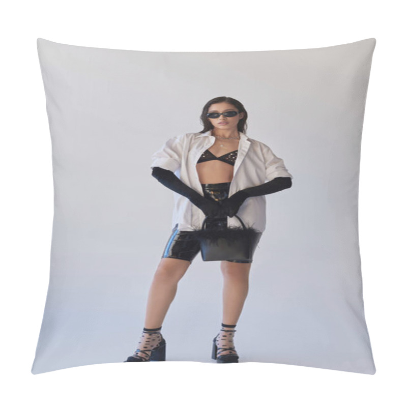 Personality  Trendy Look, Fashion Statement, Brunette Asian Woman In Sunglasses Posing With Feathered Purse On Grey Background, Model In Latex Shorts, Black Gloves And White Shirt, Youth, Full Length  Pillow Covers