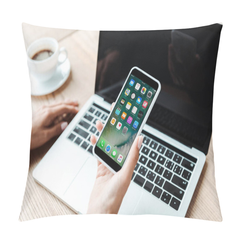 Personality  KYIV, UKRAINE - AUGUST 5, 2019: Cropped View Of Woman Holding Iphone In Office  Pillow Covers