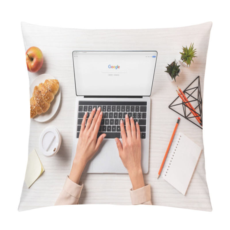 Personality  Cropped Shot Of Businesswoman Using Laptop With Google Website At Table With Coffee, Apple And Croissant      Pillow Covers