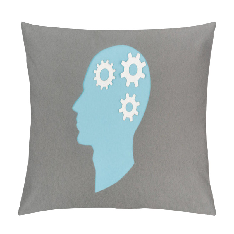 Personality  Top View Of Cut Out Blue Human Head With White Gears Isolated On Grey Pillow Covers