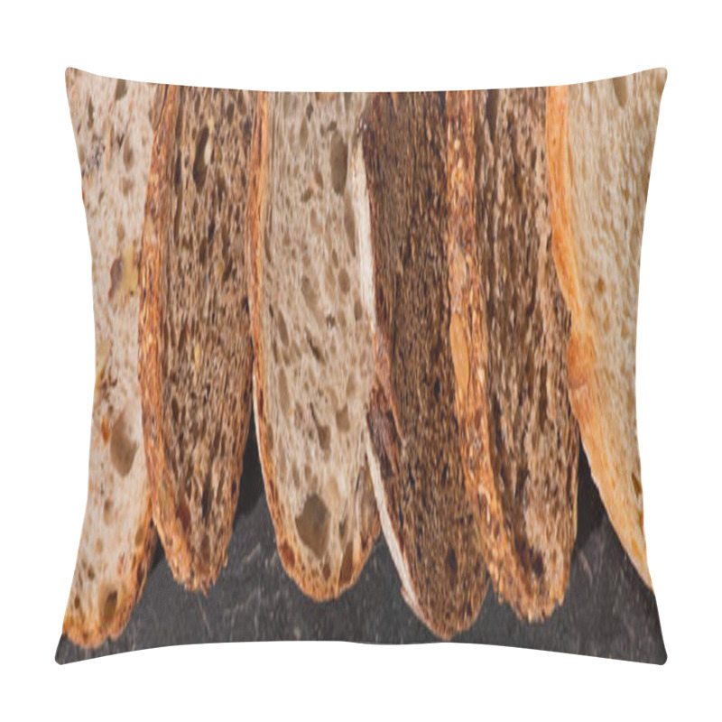 Personality  Top View Of Fresh Baked Bread Slices On Stone Black Surface, Panoramic Shot Pillow Covers