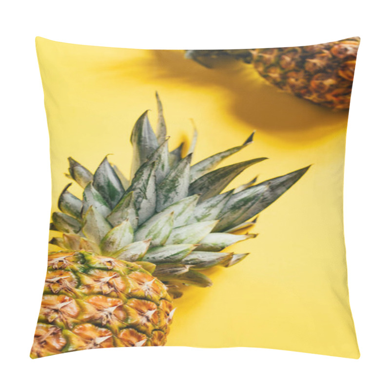 Personality  Selective Focus Of Fresh Ripe Pineapples With Green Leaves On Yellow Background Pillow Covers