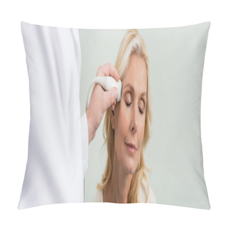 Personality  Blonde Woman With Closed Eyes Near Blurred Doctor Doing Ultrasound Of Her Head, Banner Pillow Covers