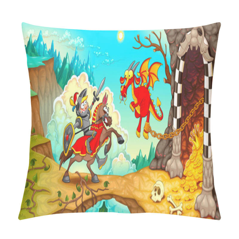 Personality  Knight Fighting The Dragon With Treasure In A Mountain Landscape. Funny Cartoon Medieval Fantasy Vector Illustration. Pillow Covers